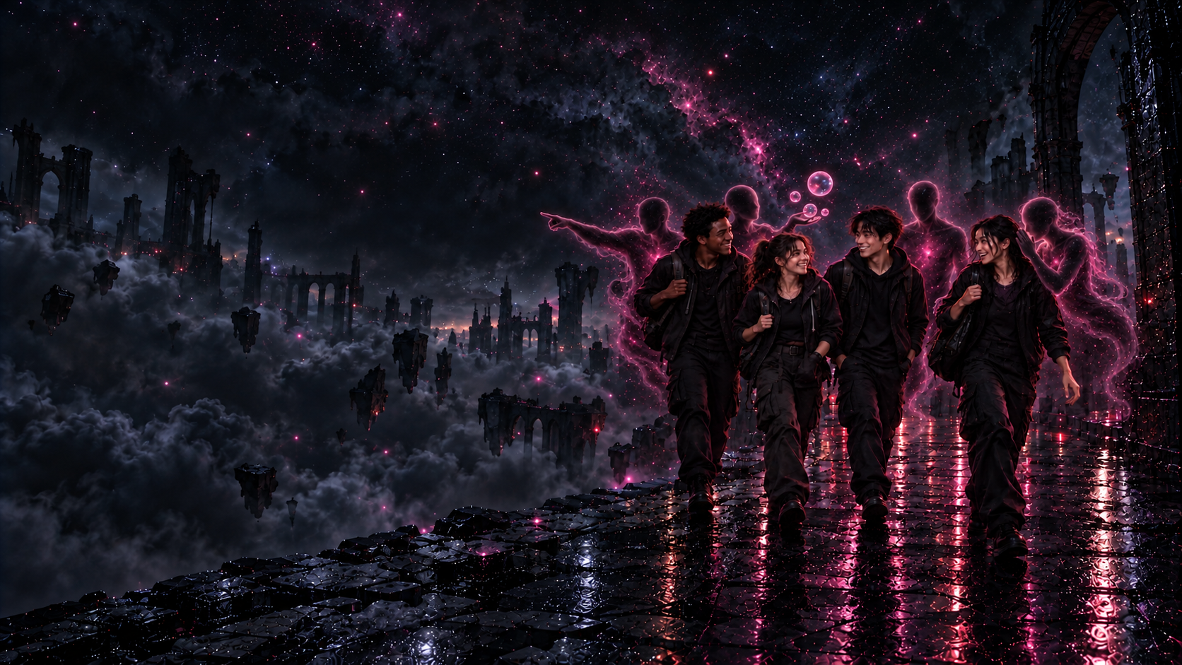 Four friends and their Wills entering a dreamlike world together