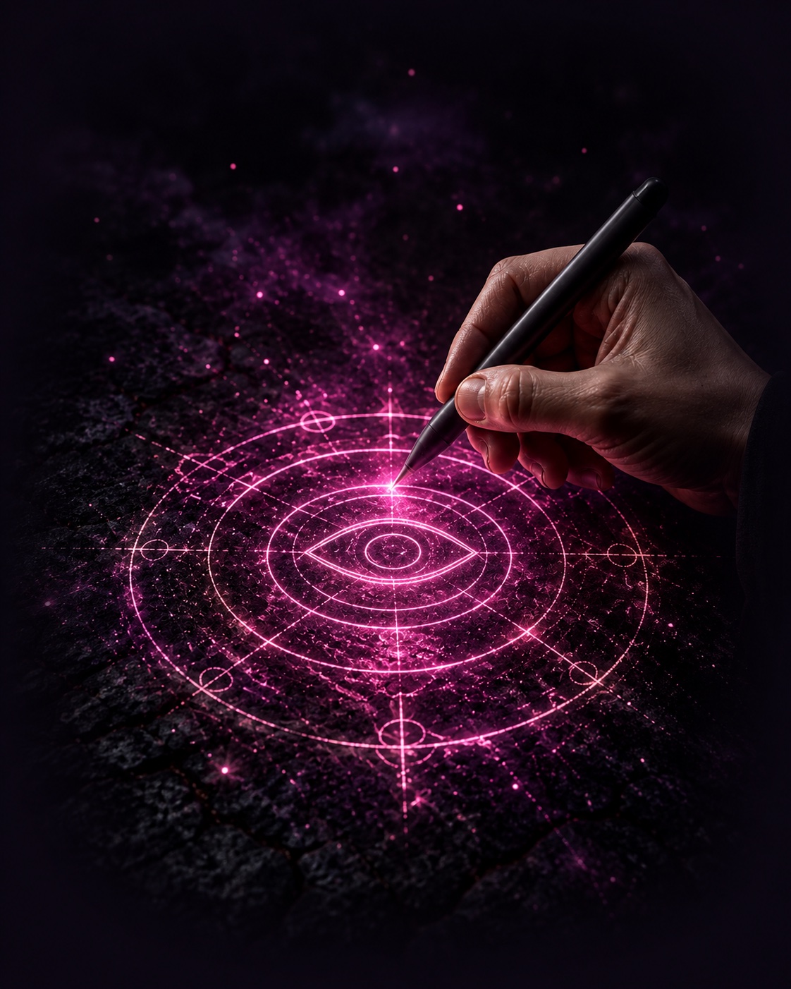 A hand drawing a luminous magical sigil